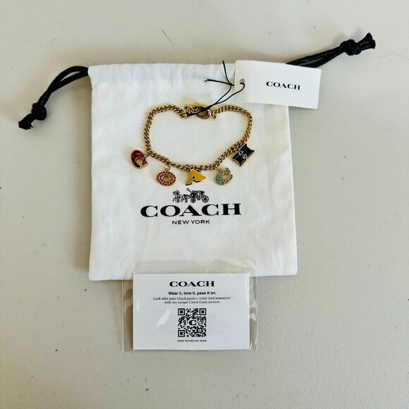 COACH MULTICOLOR ENAMEL RHINESTONES DANGLING FASHION BRACELET GOLD PLATED - Picture 1 of 6